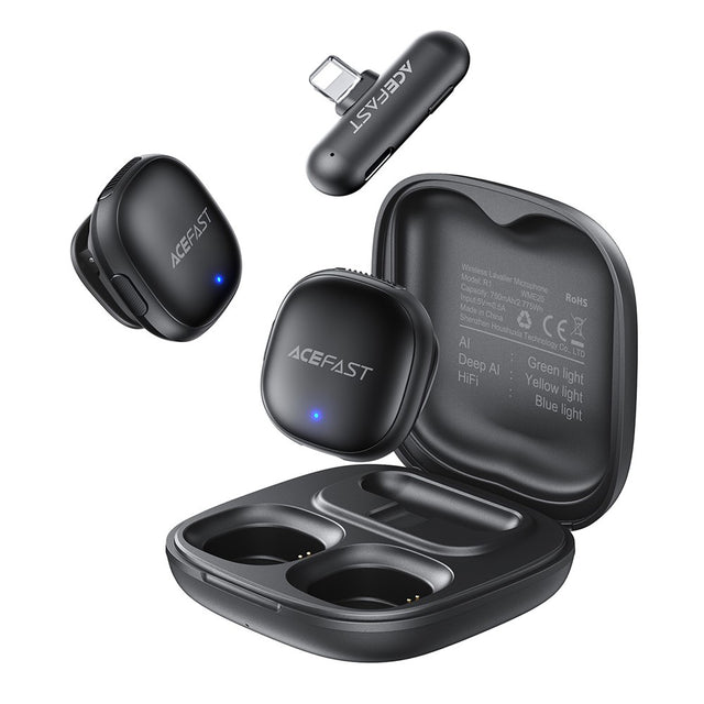 Casti Acefast Wireless Lavalier Microphones (R1), Lightning, HD 360°Sound, AI Noise Reduction, 750mAh, Ultra-low Latency, Negru