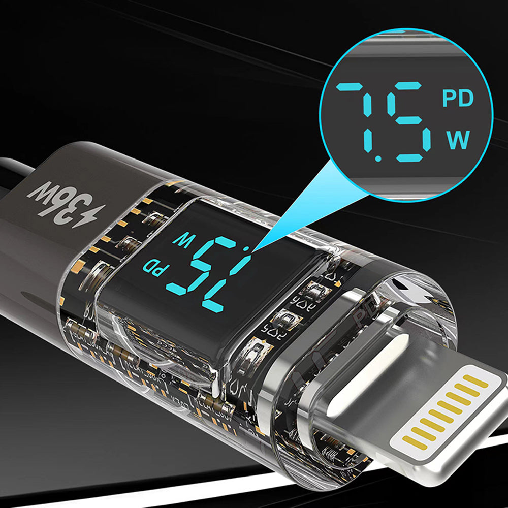 Cablu Lito (LD09CL), Lightning to Type-C, 36W High Speed Charging, LED Display, 1.2m, Negru