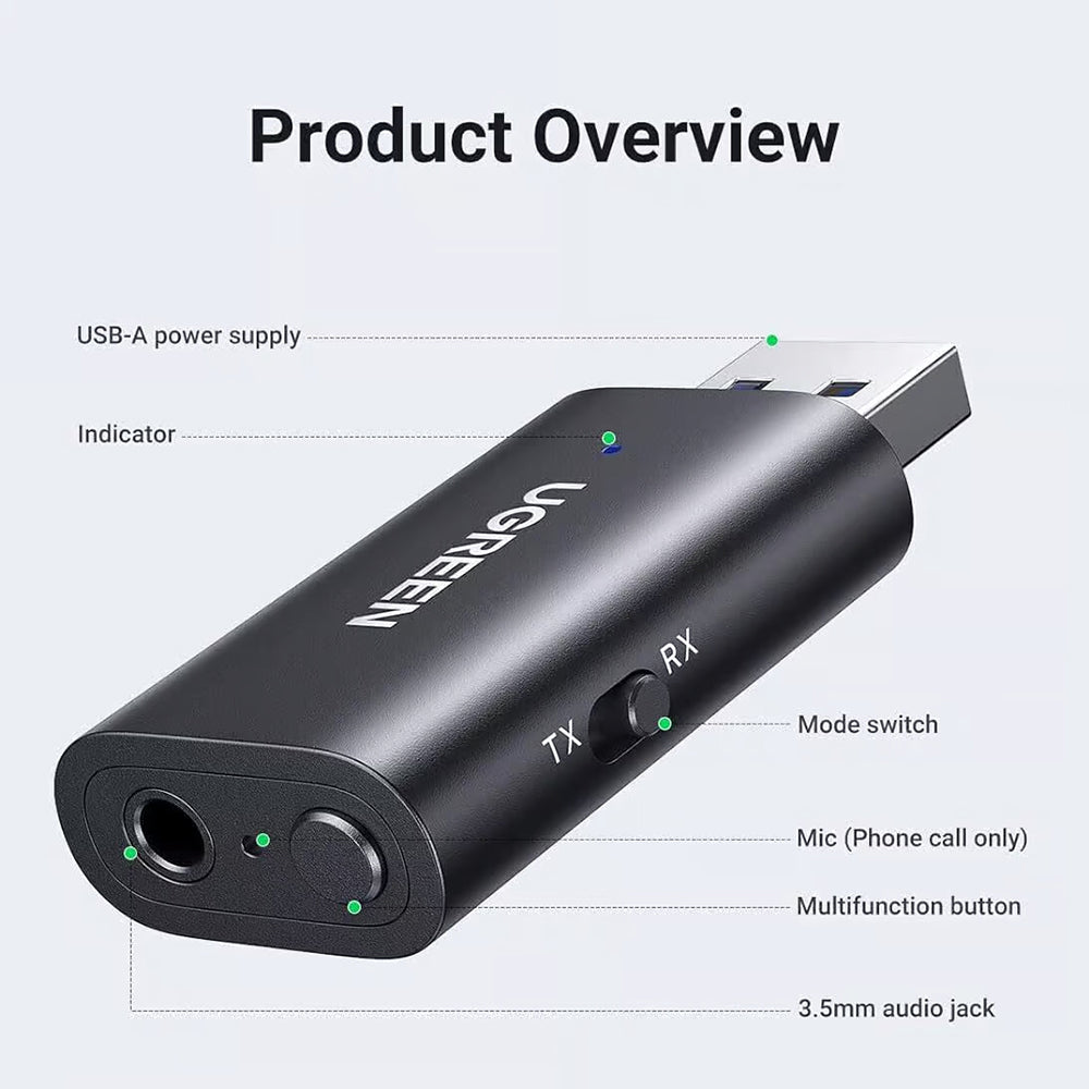 Adaptor Bluetooth Auxiliar USB, Jack, TX/RX Mode, BT5.1 + Cablu Jack - Ugreen CM523 (60300) - Black