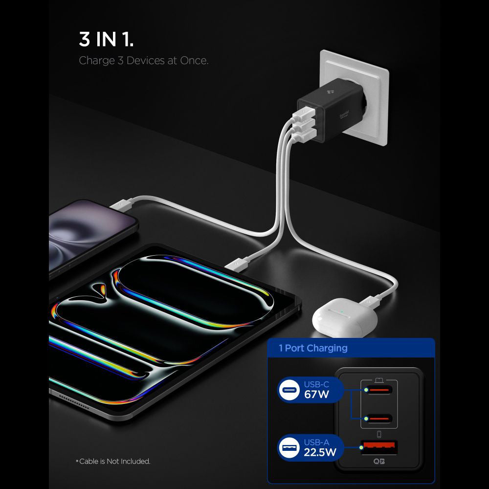 Incarcator Spigen Essential EE673EU (ACH09458), USB, 2x Type-C, Fast Charging, Quantum Boost, 67W, Negru