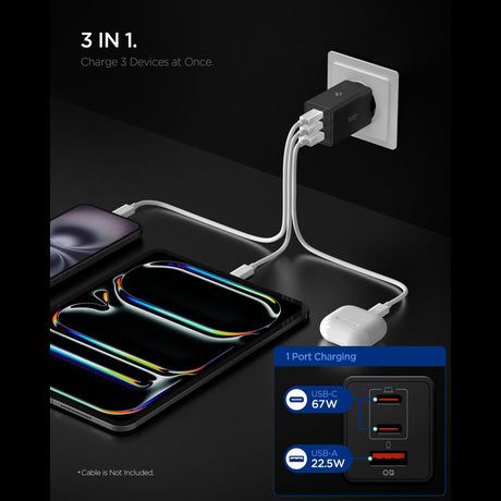 Incarcator Spigen Essential EE673EU (ACH09458), USB, 2x Type-C, Fast Charging, Quantum Boost, 67W, Negru