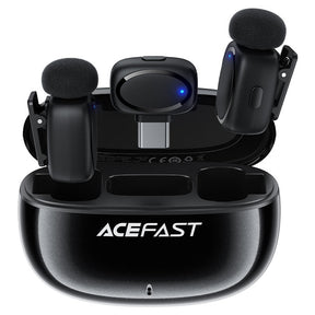 Casti Acefast Wireless Lavalier Microphones (R2), Type-C, 360°, Noise Reduction, Dual-mic Rec, 300mAh, Ultra-low Latency, Negru