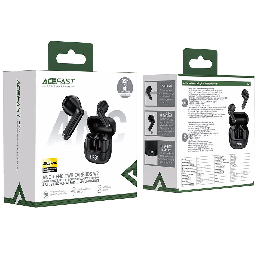 Casti Acefast (W2), TWS, Bluetooth 5.4, 4-Mic ENC, IPX4, 400mAh, LED Digital Display, Magnetic Design, Negru