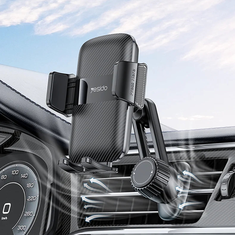 Suport Yesido (C242), for Air Vent, with Auto Extending Clip by Switch Button, Telescopic Arm, Negru