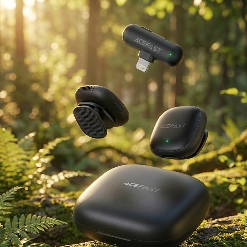 Casti Acefast Wireless Lavalier Microphones (R1), Lightning, HD 360°Sound, AI Noise Reduction, 750mAh, Ultra-low Latency, Negru