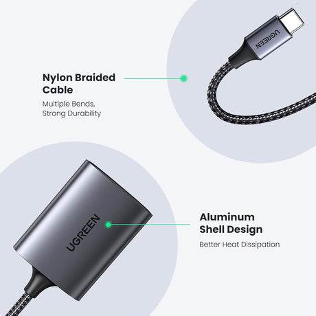 Cablu Ugreen Card Reader CM401 (80888), Type-C to TF/SD Card, 5Gbps, 2TB, 15cm Cable, Gri