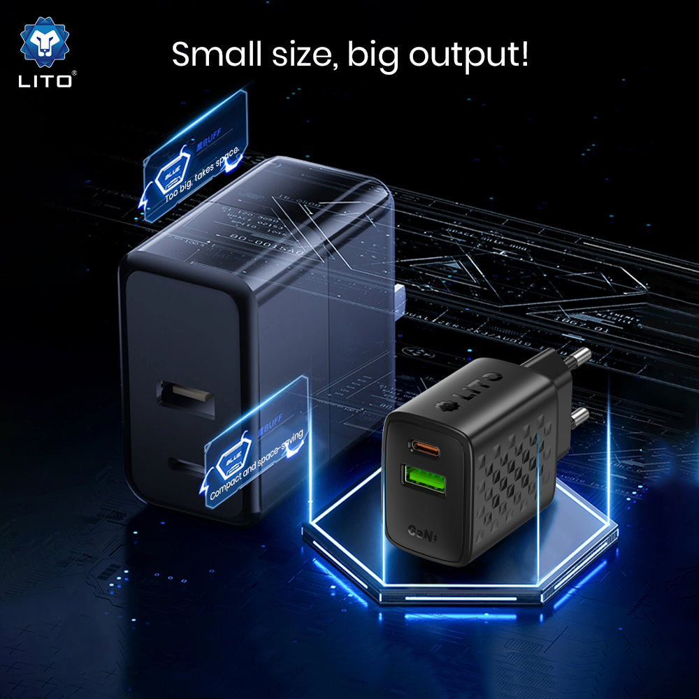 Incarcator Lito (LC24), Type-C, USB Output, PD65W, GaN, PC Fireproof, EU Plug, Negru