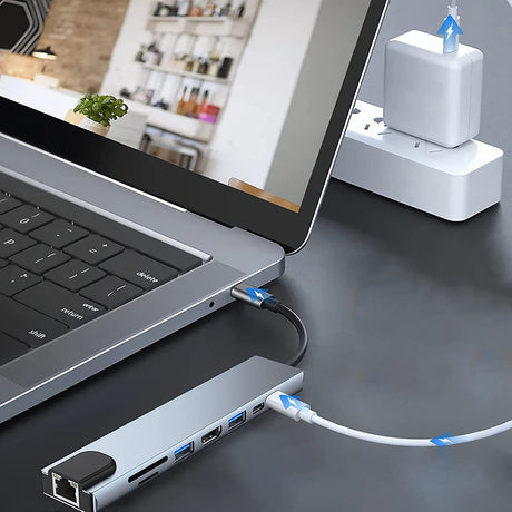 Hub/Dock Techsuit Docking Station NetBridge 8 in 1 (H2), Type-C to 2x Type-C, 2x USB, HDMI, RJ45, TF/SD, 4K@30Hz, PD87W, Gri