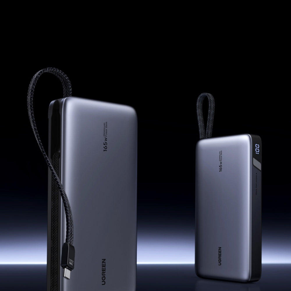 Baterie externa Ugreen PB552 (55995B), Fast Charge, Digital Display, USB, USB-C, Built-In 2x USB-C Cable, 165W, 25000mAh, Gri