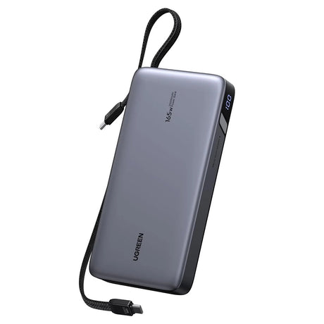Baterie externa Ugreen PB552 (55995B), Fast Charge, Digital Display, USB, USB-C, Built-In 2x USB-C Cable, 165W, 25000mAh, Gri