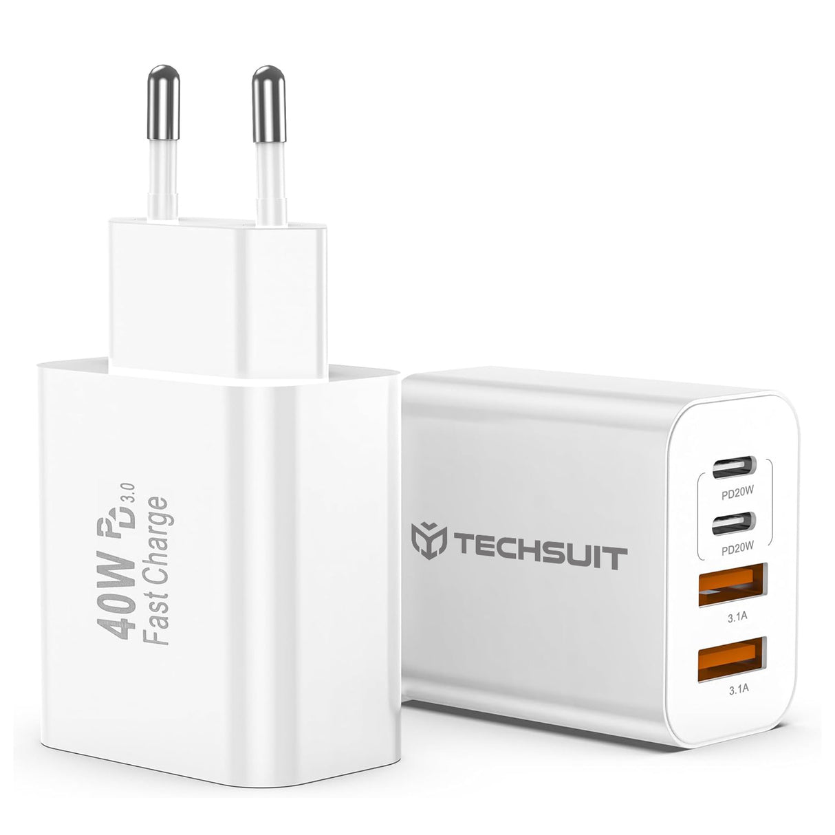 Incarcator Techsuit Premium PowerXQuad (CH4), 2x PD20W Type-C, 2x USB 3.1A, Super Fast Charge Travel Adapter 40W, Alb