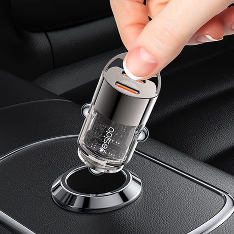 Incarcator Yesido Mini Car (Y69), Dual-Port Type-C, PD30W, Aluminum Alloy, Fast Charging, Negru