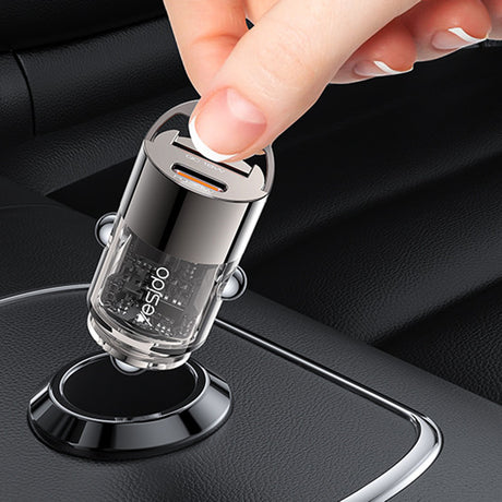 Incarcator Yesido Hidden Car (Y68), Dual-Port USB-A + Type-C, PD30W, Aluminum Alloy, Fast Charging, Negru