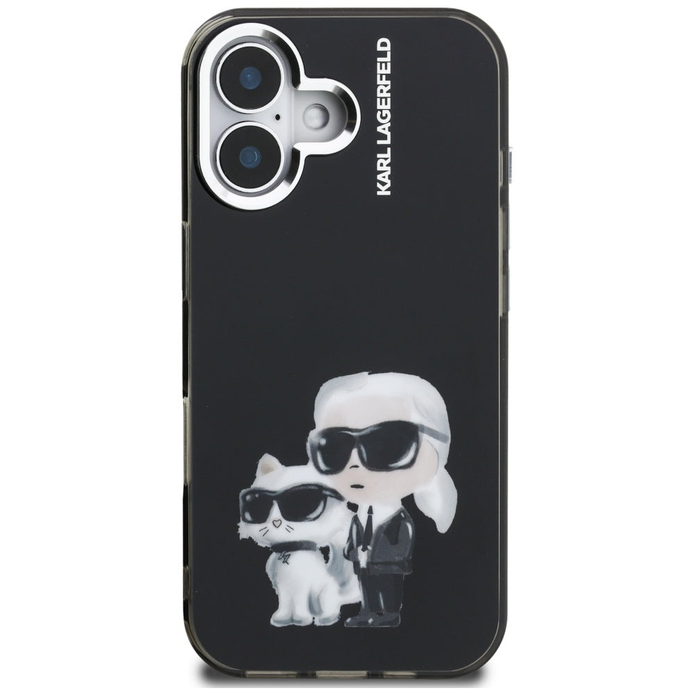 Husa de protectie Karl Lagerfeld IML Aquarelle Karl & Choupette (KLHCP16SHMKCAQK) compatibil cu iPhone 16, Negru