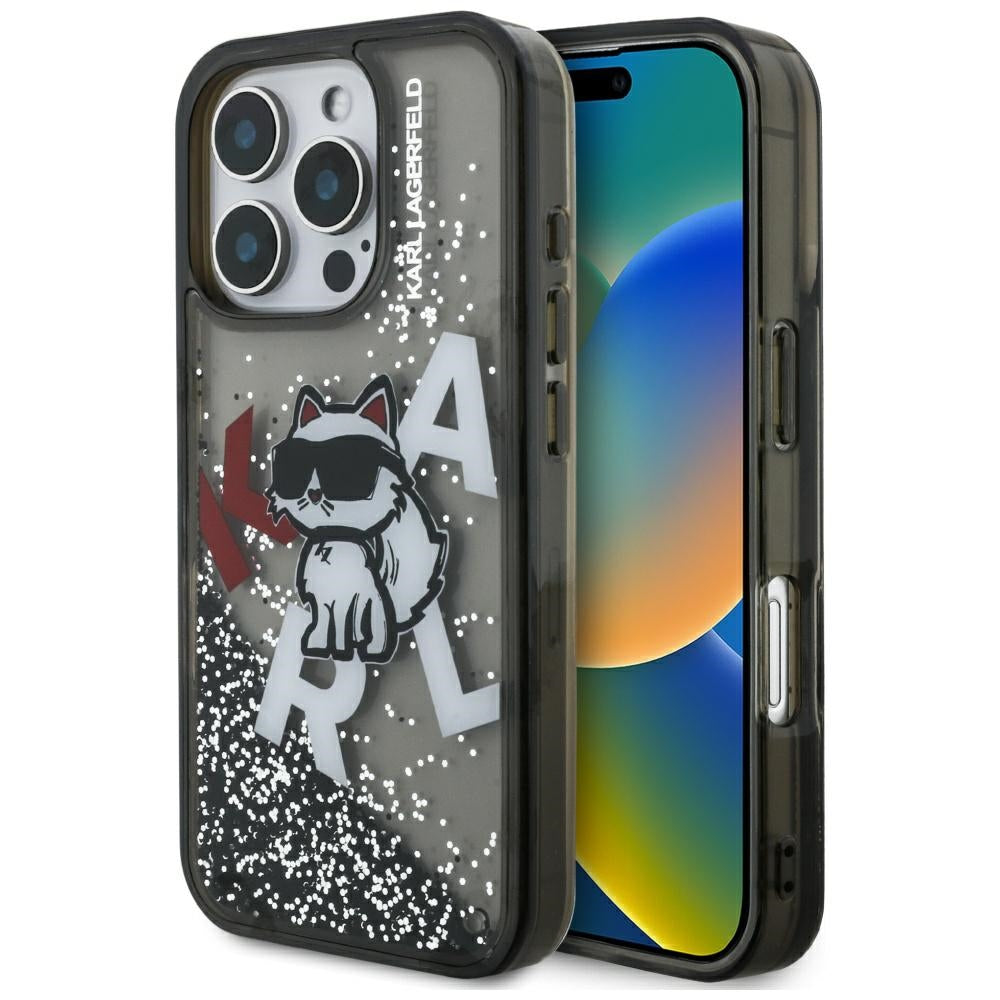 Husa de protectie Karl Lagerfeld Liquid Glitter Choupette Logo MagSafe (KLHCP16LLCHSCTDK) compatibil cu iPhone 16 Pro, Negru
