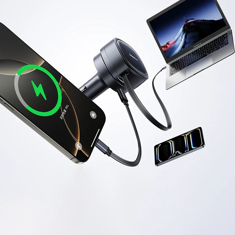 Incarcator Baseus Car PrimeTrip VR1 (C00069001121-00), with Retractable Cable, 2 x Type-C, USB, 60W, Negru