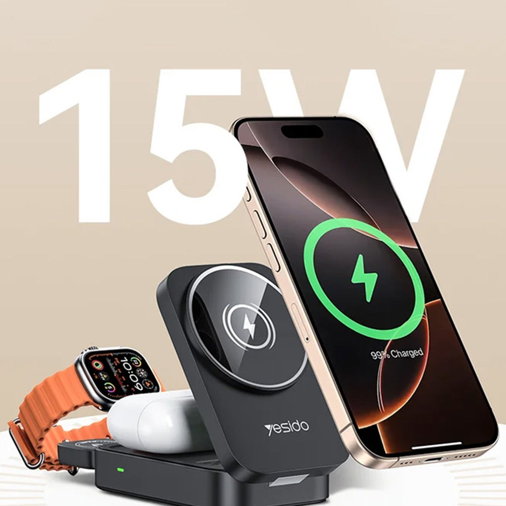 Incarcator Yesido Wireless Charging Station 3in1 (DS27), for iPhone, Apple Watch, AirPods, Magnetic, Foldable, Holder, 15W, Negru