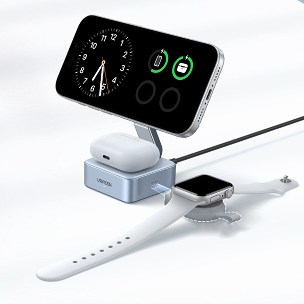 Incarcator Ugreen Wireless Charging Station W752 (55960B), MagSafe, Fast Charging, Qi2, for iPhone, AirPods, Apple Watch, 35W, Albastru