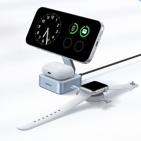 Incarcator Ugreen Wireless Charging Station W752 (55960B), MagSafe, Fast Charging, Qi2, for iPhone, AirPods, Apple Watch, 35W, Albastru