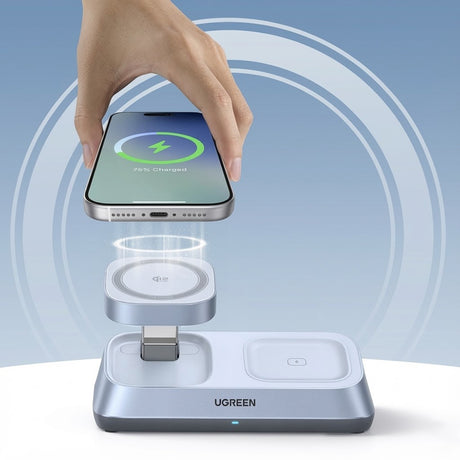 Incarcator Ugreen Wireless Charging Station W711, MagSafe, Fast Charging, Qi2, for iPhone, AirPods, Apple Watch, 25W, Albastru