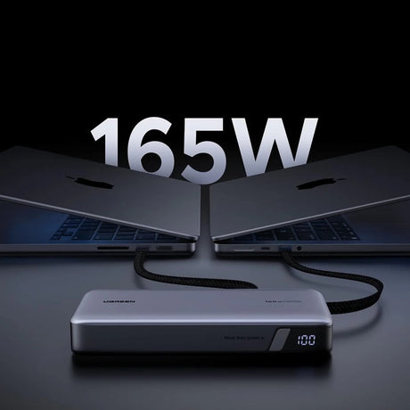 Baterie externa Ugreen PB552 (55995B), Fast Charge, Digital Display, USB, USB-C, Built-In 2x USB-C Cable, 165W, 25000mAh, Gri
