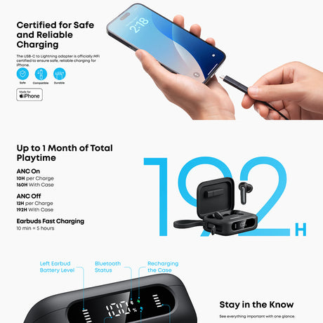 Casti Anker P41i Ultimate MFI (A3937G12), Built-in Charger, Lightning Adapter, Stand, ANC, 6 Mics, Bass, Alb