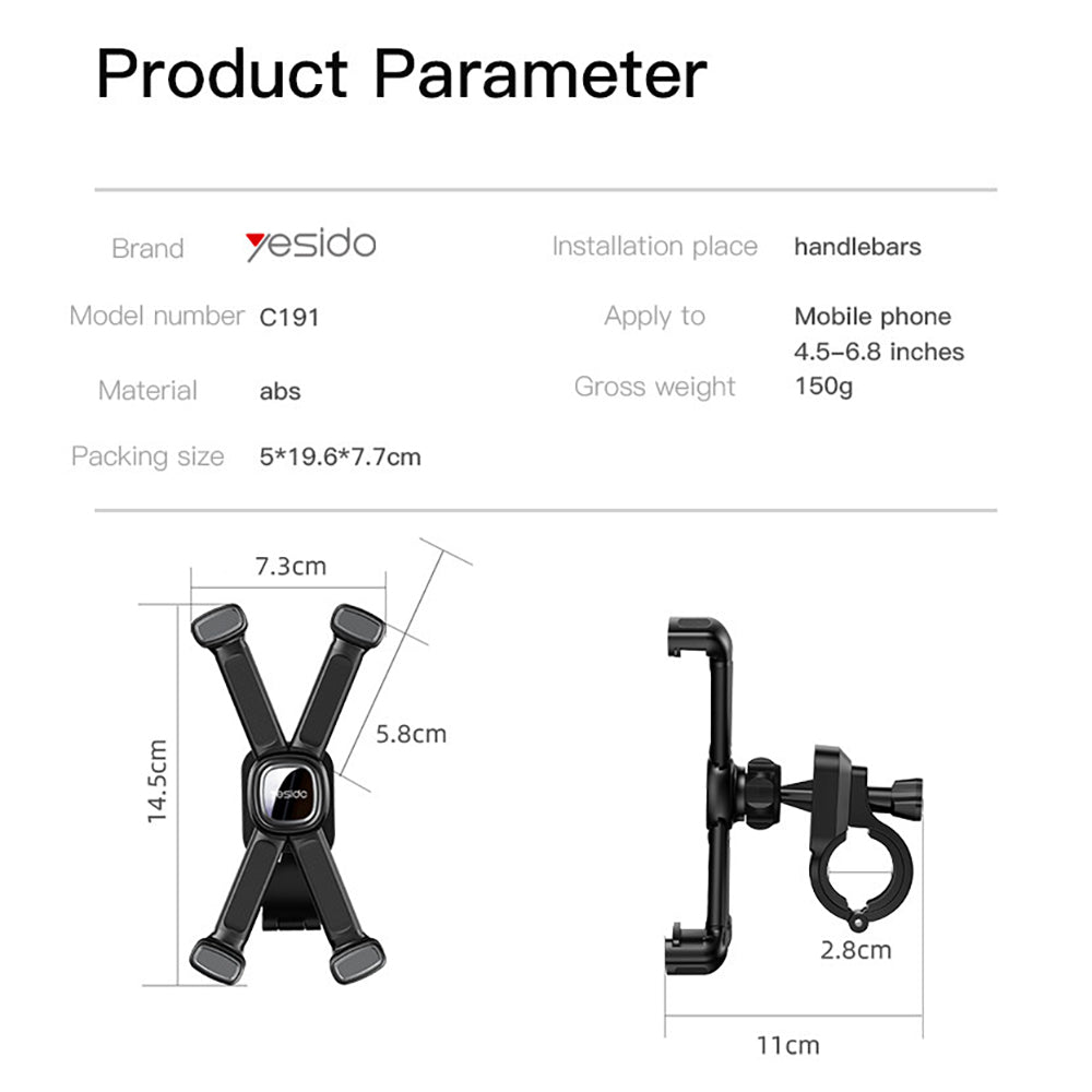 Suport Yesido Bike (C191), for Bicycle/Motocycle, Multi-Angle Adjustment, 4.5-6.8", Negru