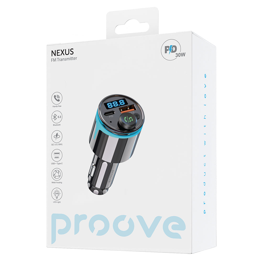Incarcator Proove Car with FM Modulator (FMNX30110001), USB, Type-C, U-Disk, TF, Bluetooth 5.3, Fast Charge, 30W, LED, Negru