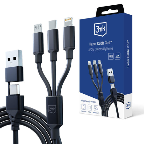 Cablu 3mk 3in1 Hyper, USB-A/Type-C to Micro-USB/Type-C/Lightning, 12W, 1.5m, Negru