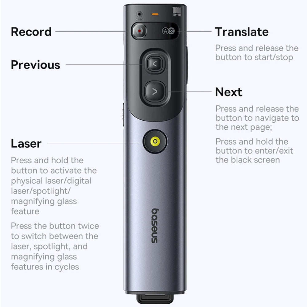 Gadget Baseus Orange Dot Wireless Presenter (B00231700811-00), AI Voice Recognition, Dual-Mode Connection, Gri