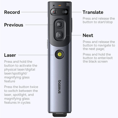 Gadget Baseus Orange Dot Wireless Presenter (B00231700811-00), AI Voice Recognition, Dual-Mode Connection, Gri
