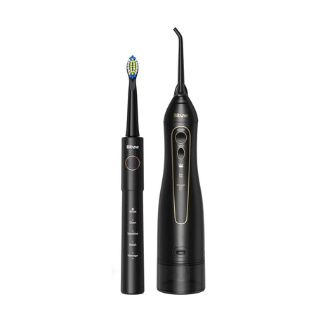 Bitvae Electric Toothbrush (E11) + Water Flosser (F5020E), Ultrasonic, 2x4 Heads, 5 Brush Modes, 3 Irrigate Modes, Negru