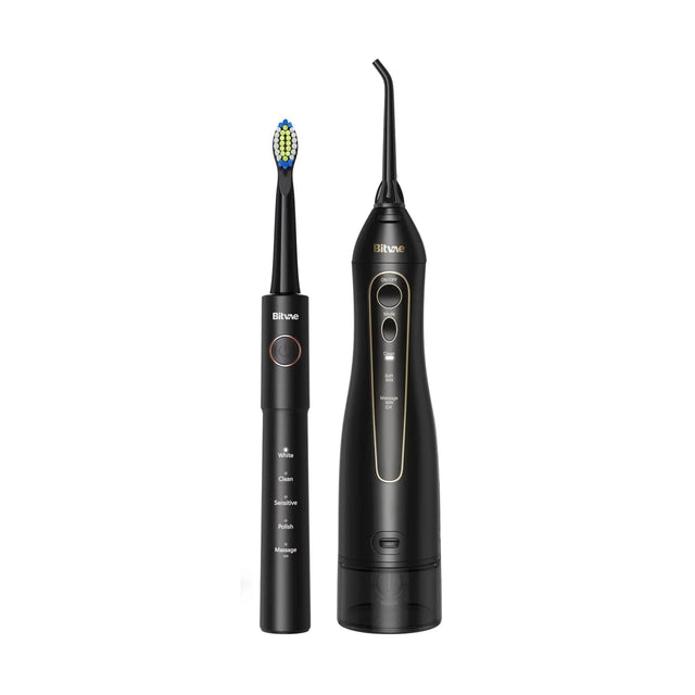 Bitvae Electric Toothbrush (E11) + Water Flosser (F5020E), Ultrasonic, 2x4 Heads, 5 Brush Modes, 3 Irrigate Modes, Negru