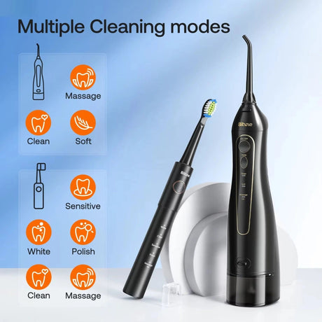 Bitvae Electric Toothbrush (E11) + Water Flosser (F5020E), Ultrasonic, 2x4 Heads, 5 Brush Modes, 3 Irrigate Modes, Negru