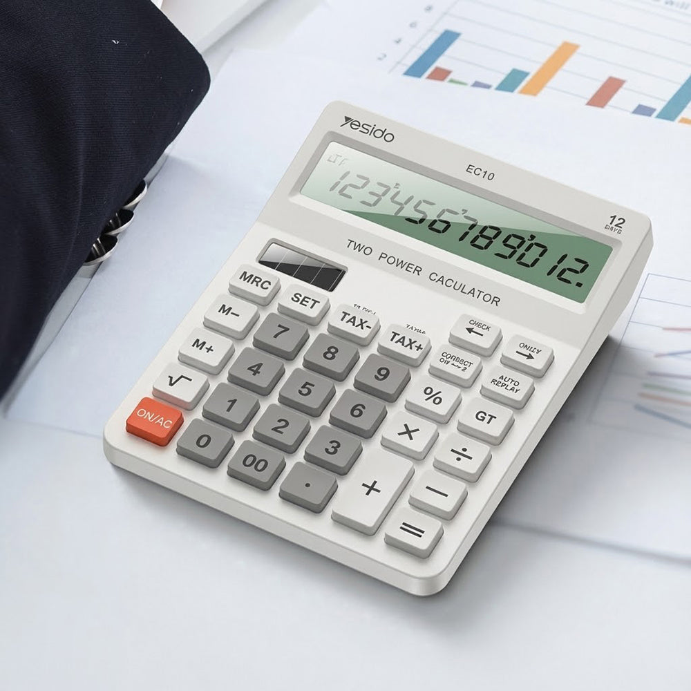 Gadget Yesido Desk Calculator (EC10), LCD Display, Ergonomic Design, Solar and Battery Power Source, MAx 12 Digits of Number, Alb