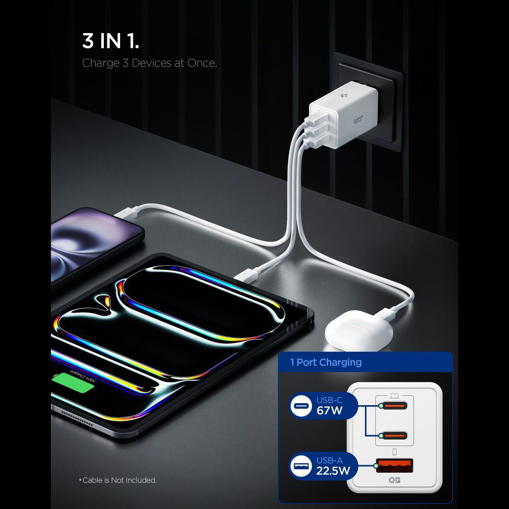 Incarcator Spigen Essential EE673EU (ACH08710), USB, 2x Type-C, Fast Charging, Quantum Boost, 67W, Alb