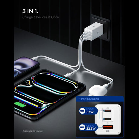 Incarcator Spigen Essential EE673EU (ACH08710), USB, 2x Type-C, Fast Charging, Quantum Boost, 67W, Alb