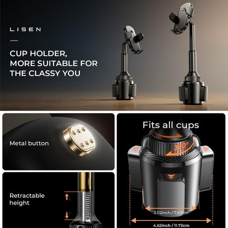 Suport Lisen (YL0220100001), for Cup Holder, Universal, Multi-Angle Adjustment, Secure Fit, Anti-Shake, Negru