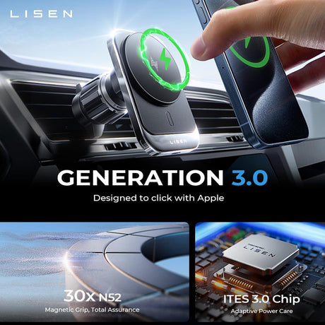 Suport Lisen with Wireless Charging (YL0223070009), MagSafe, Air Vent, Square Shape, One-Click Release, 15W, Negru
