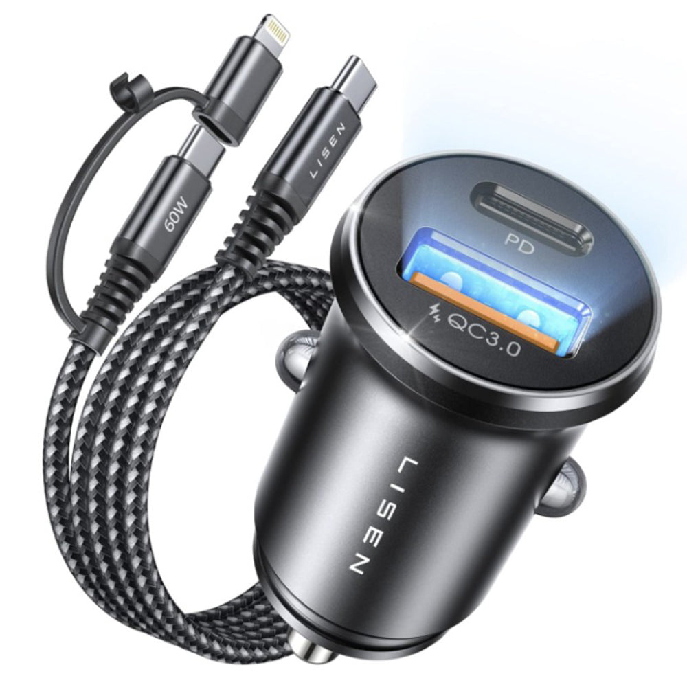 Incarcator Lisen Car (YL0223080035), USB, Type-C, with 3in1 Type-C/Lightning to Type-C Cable, 12V/24V, Negru