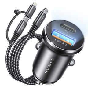 Incarcator Lisen Car (YL0223080035), USB, Type-C, with 3in1 Type-C/Lightning to Type-C Cable, 12V/24V, Negru