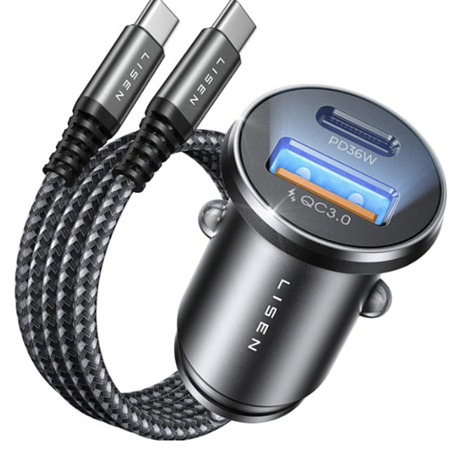 Incarcator Lisen Car (YL0223080047), USB, Type-C, with Type-C Armor Cable, 12V=24V, Negru / Navy Blue