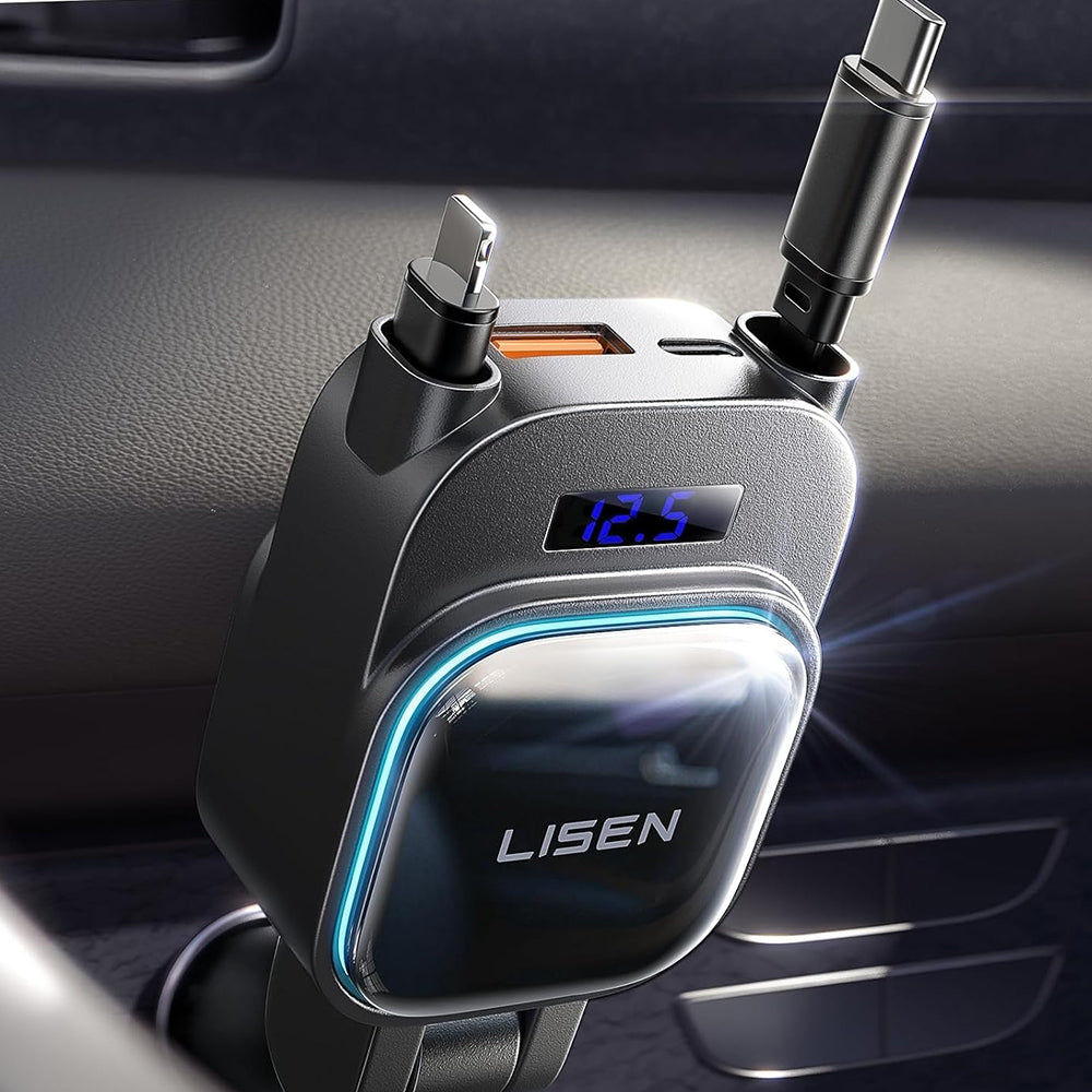 Incarcator Lisen Car (YL0224080017), 4in1, USB, Type-C, with 2x Retractable Cable, LED Display, 96W, 12V=24V, Negru