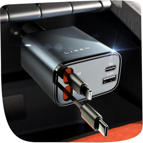 Incarcator Lisen Car (YL0224040031), 4in1, USB, Type-C, with USB-C, Lightning Retractable Cable, Aluminum Alloy, Negru