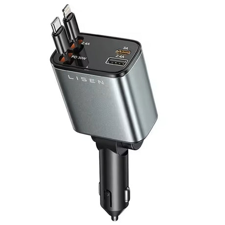 Incarcator Lisen Car (YL0224040031), 4in1, USB, Type-C, with USB-C, Lightning Retractable Cable, Aluminum Alloy, Negru
