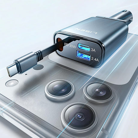 Incarcator Lisen Car (YL0325010016), 3in1, with Type-C Retractable Cable, 57W, Aluminum Alloy, 12V/24V, Negru