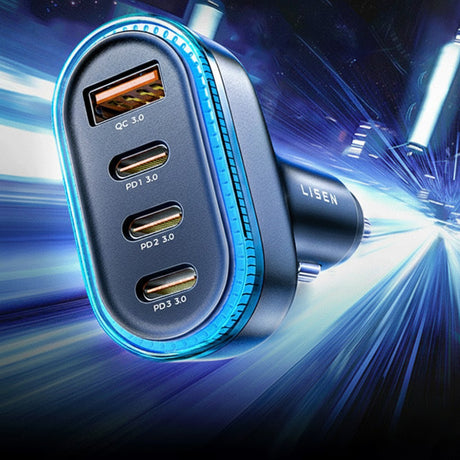 Incarcator Lisen Car (YL0223120021), with Type-C Cable, USB, 3x Type-C, 101W, Fast Charge, 12V=24V, Negru