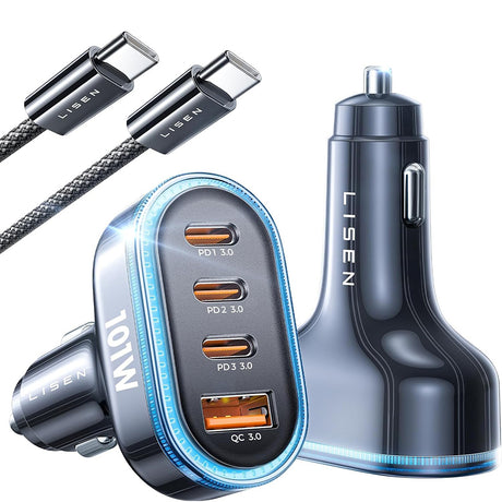 Incarcator Lisen Car (YL0223120021), with Type-C Cable, USB, 3x Type-C, 101W, Fast Charge, 12V=24V, Negru