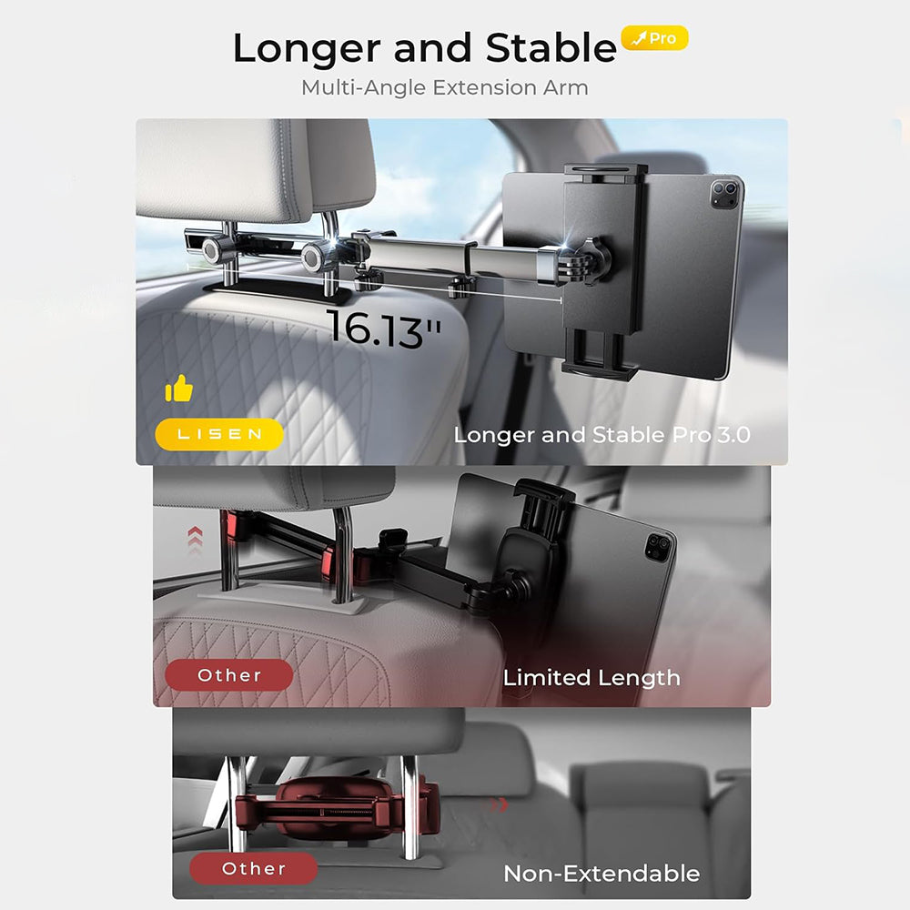 Suport Lisen (YL0423090004), for Headrest, 360° Rotation, Adjustable, for Phone, Tablet up to 12.9", Negru