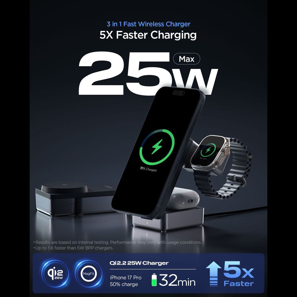 Spigen Incarcator Spigen Wireless Charging Station Essential EF323MQ (ACH10398), MagSafe, Fast Charge, Qi2.2, 3in1, Fold